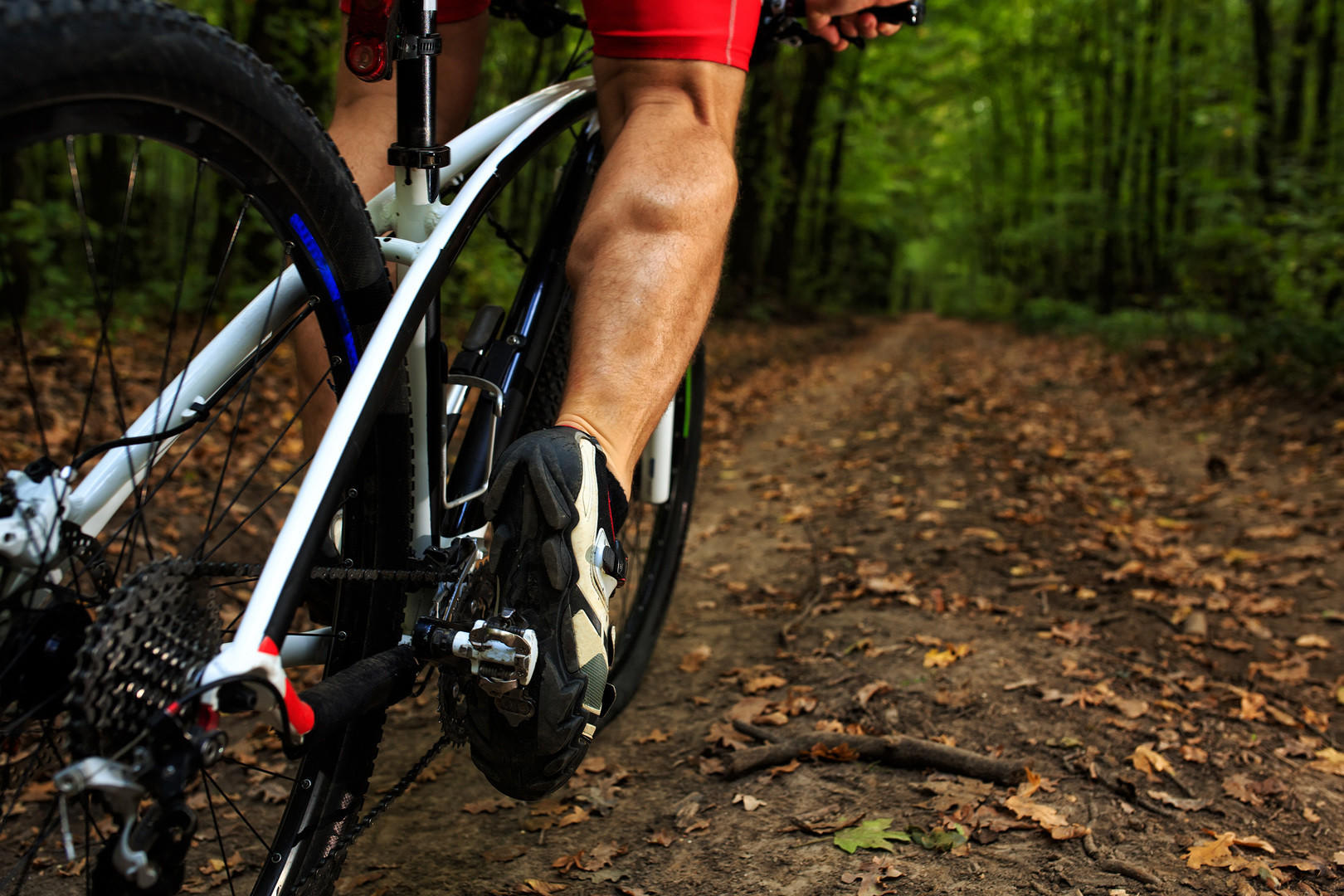 Cyclist riding mountain bike on a rocky singletrack trail