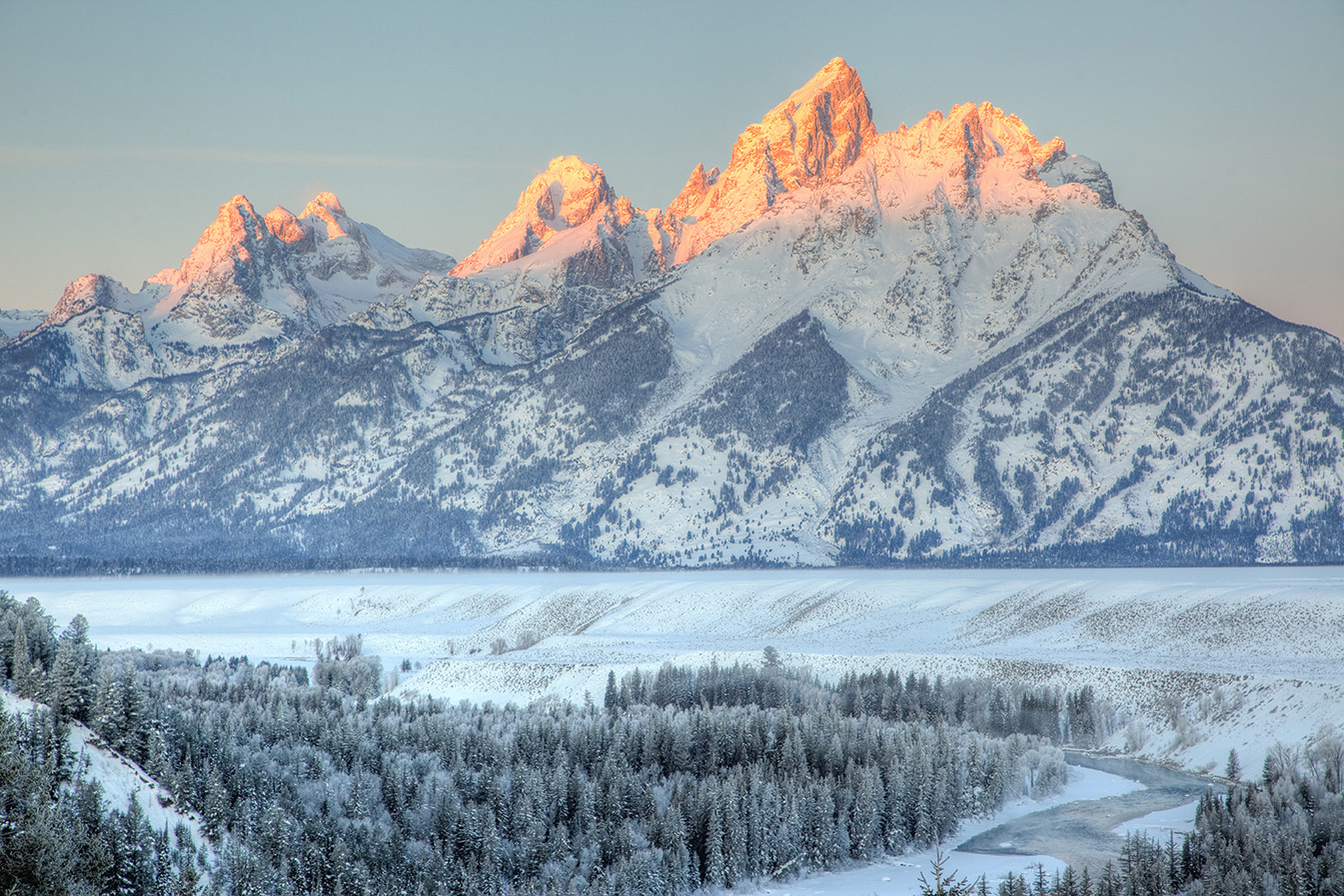 Snowy winter dawn on the Teton Range, Grand Teton National Park, Wyoming