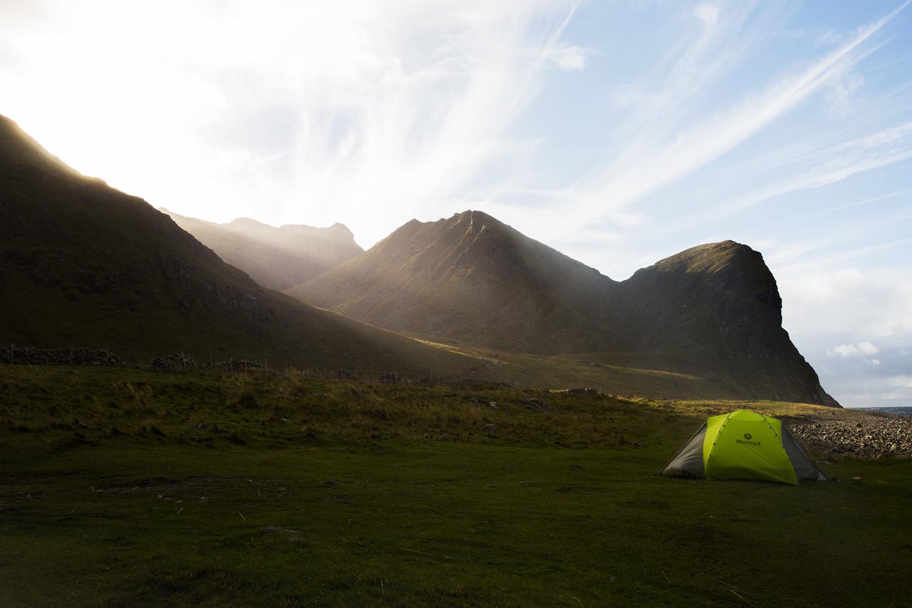 The surf camp at Unstad — a tent in the dunes, wind from the North Atlantic